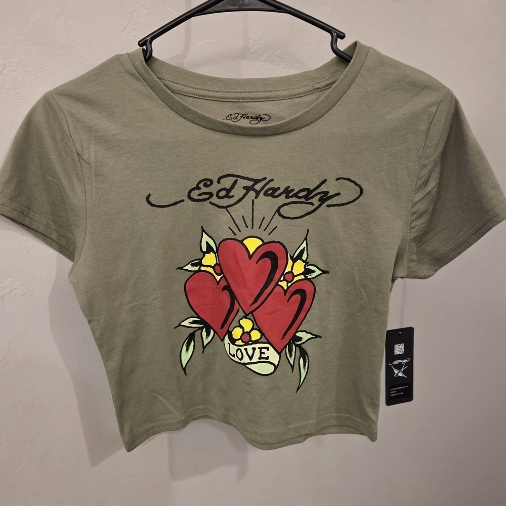 NWT Y2K Ed Hardy Olive Crop Top with Heart Design